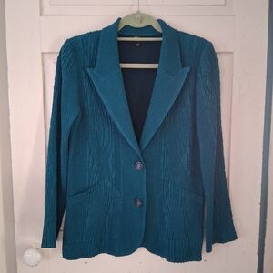 FLAIR Vintage Teal Blue-Green Textured Artsy Crinkle Blazer Handmade Size S